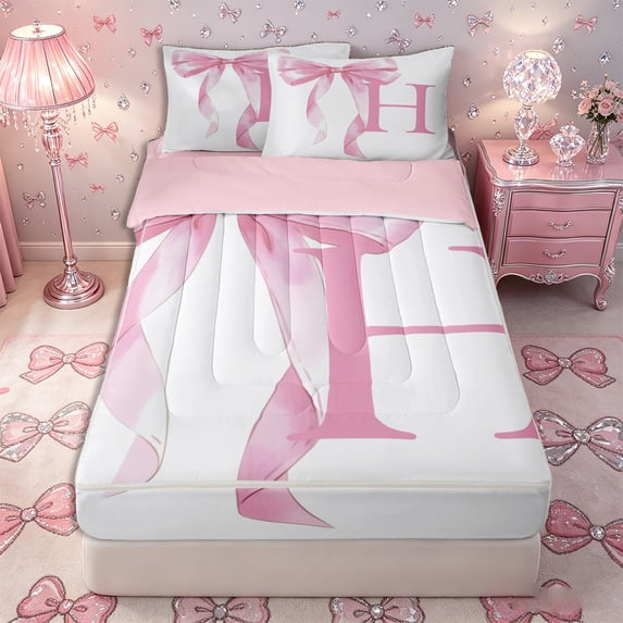 Homewish Girls Pink Bow Zipper Twin Comforter Sets with Fitted Sheet and 2 Pillowcases, Letter Zipper Bedding Set, Princess Style Bedroom Decor,4-Piece, Pink Reversible