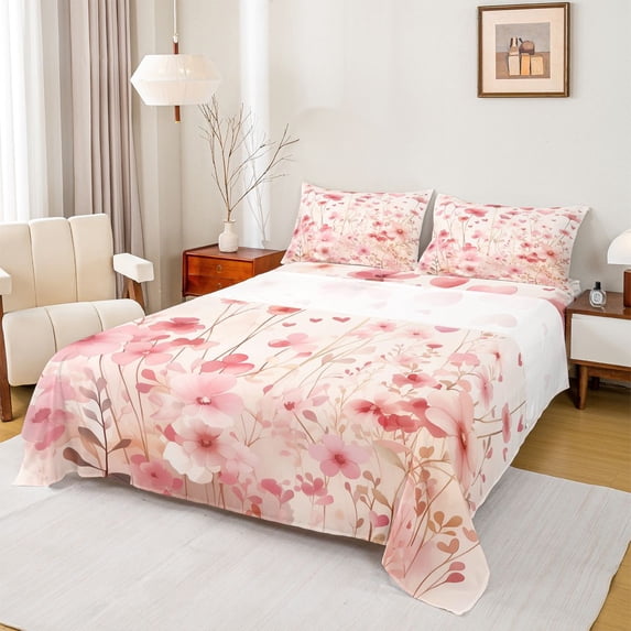 Homewish Girls Pink Flower Bed Sheets, Chic Fashion Floral King Sheets, Romantic Valentine's Day Sheet Set, Super Cozy Room Decor, 4pcs