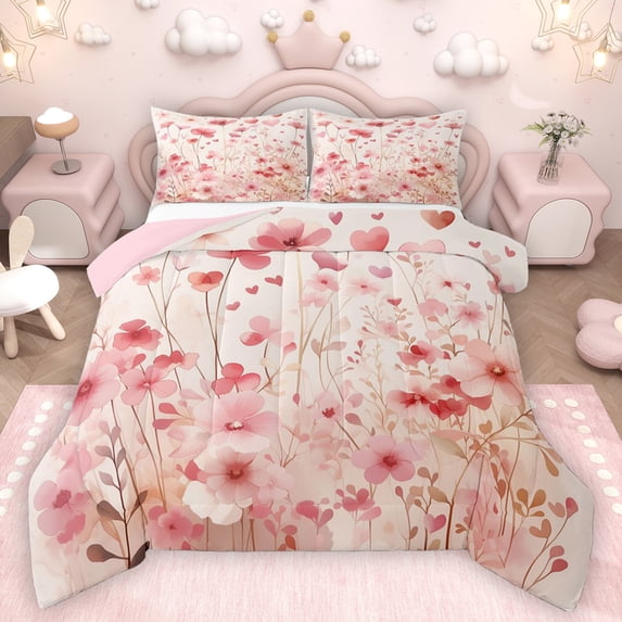 Homewish Girls Pink Flower Bedding Comforter Set, Chic Fashion Floral Twin Comforter Sets, Romantic Valentine's Day Reversible Bedding Set, Super Cozy Room Decor, 2pcs