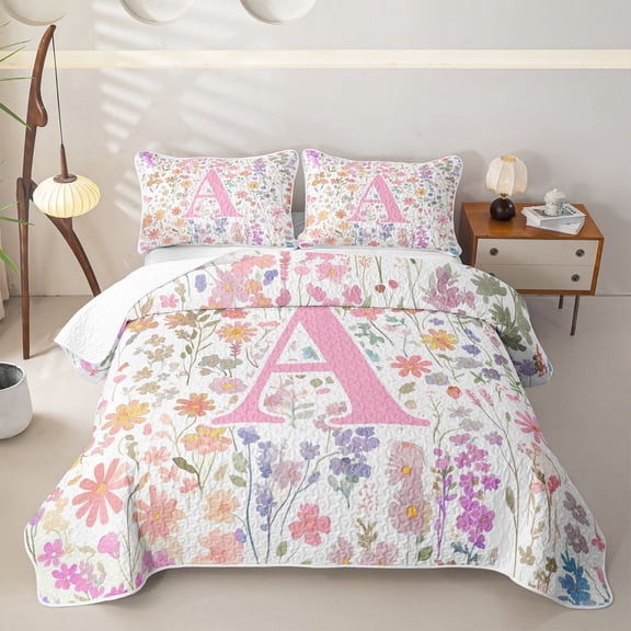 Homewish Girls Pink Flower Twin Quilt Set,Garden Floral Twin Coverlet Set,Personalized Initial A,2pcs