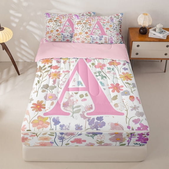Homewish Girls Pink Flower Zipper Twin Comforter Sets with Fitted Sheet and 2 Pillowcases,Garden Floral Zipper Bedding Set,Personalized Initial A,Pink Reversible,4 Pieces