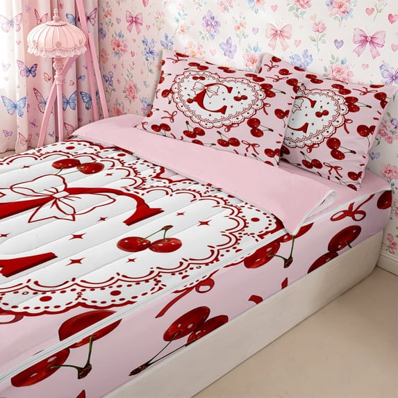 Homewish Girls Red Personalized C Initial Zipper Twin Comforter Sets with Fitted Sheet and 2 Pillowcases,Cartoon Bow Cherry Zipper Bedding Set,4-Piece,Pink Reversible
