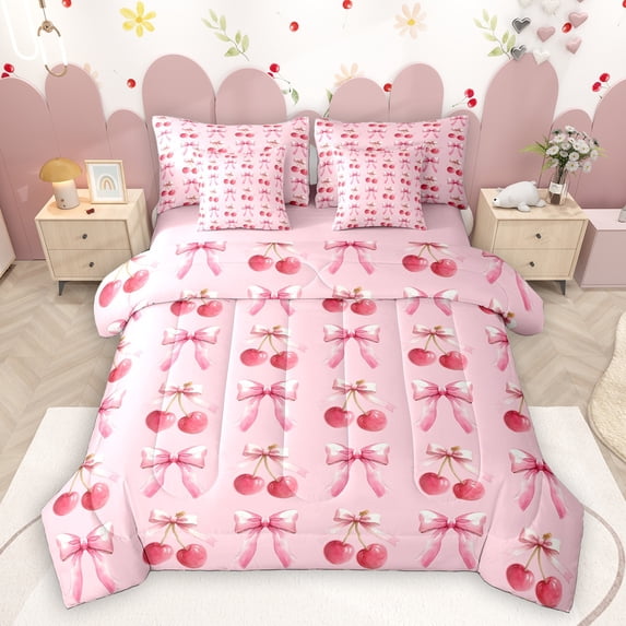 Homewish Girls Ribbon Bow 7-Piece Twin Bedding Sets,Cartoon Cherry Bedding Comforter Set,Pink Red Sheet Sets For Princess,Microfiber Bedroom Decor Reversible