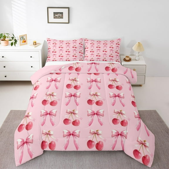 Homewish Girls Ribbon Bow Bedding Comforter Set,Cartoon Cherry Twin Comforter Sets,Pink Red Bedding Set For Princess,Microfiber Bedroom Decor Reversible,2-Piece