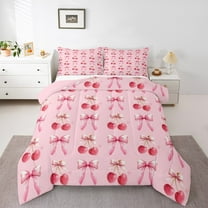 Homewish Girls Ribbon Bow Bedding Comforter Set,Cartoon Cherry Twin Comforter Sets,Pink Red Bedding Set For Princess,Microfiber Bedroom Decor Reversible,2-Piece