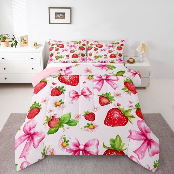Homewish Girls Ribbon Bow Full Size Comforter Sets,Cartoon Strawberry Bedding Comforter Set,Pink Red Green Bedding Sets For Princess,Microfiber Bedroom Decor Reversible,3 Pieces