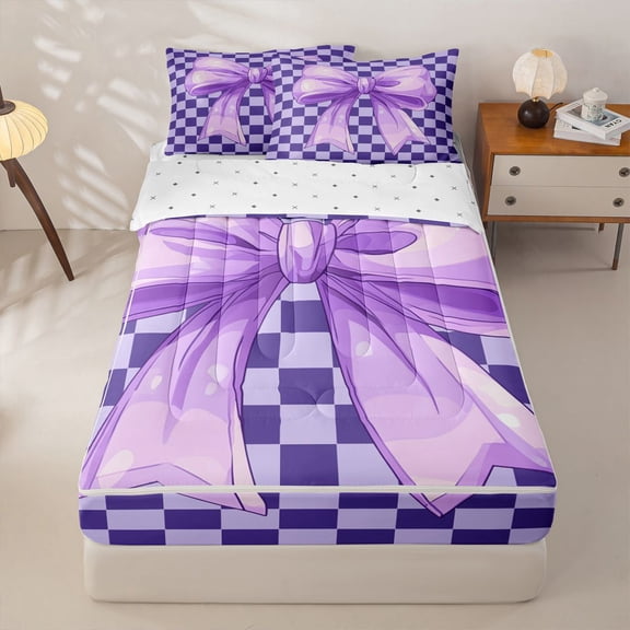 Homewish Girls Ribbon Bowtie Zipper Twin Comforter Sets with Fitted Sheet and 2 Pillowcases,Purple Geometric Plaid Zipper Bedding Set For Kids,Reversible,4 Pieces