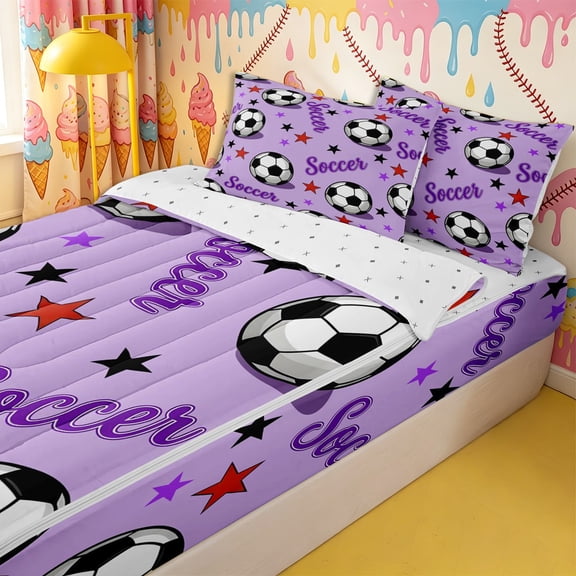 Homewish Girls Sport Soccer Zipper Twin Comforter Sets with Fitted Sheet and 2 Pillowcases,Ball Gamer Zipper Bedding Set,4-Piece