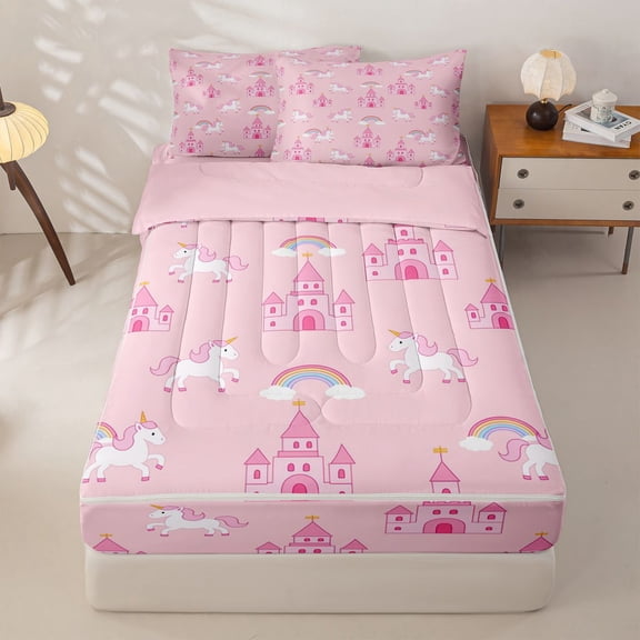 Homewish Girls Unicorn Zipper Twin Comforter Sets with Fitted Sheet and 2 Pillowcases,Cartoon Pink Princess Castle Zipper Bedding Set For Kids,Pink Reversible,4 Pieces