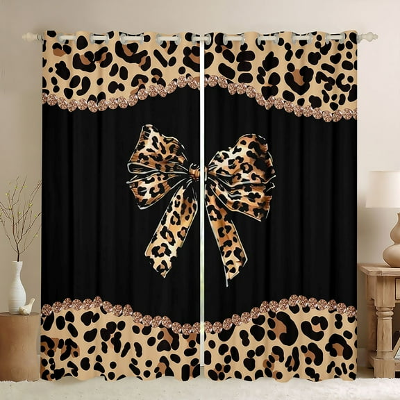 Homewish Girls Vintage Ribbon Black Out Curtains, Brown Leopard Print Bowknot Curtains Pack of 2 (42x63 Each), Old Fashion Bedroom Curtains, Blackout Curtains Home Decor