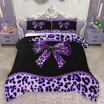 Homewish Girls Vintage Ribbon Full Size Comforter Sets, Purple Leopard Print Bowknot Bedding Comforter Set, Old Fashion Reversible Bedding Sets, Luxury Bedroom Decor, 3 Pieces