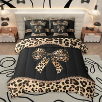 Homewish Girls Vintage Ribbon Twin Bedding Sets 7-Piece, Brown Leopard Print Bowknot Bedding Comforter Set, Old Fashion Reversible Sheet Sets, Breathable Home Decor
