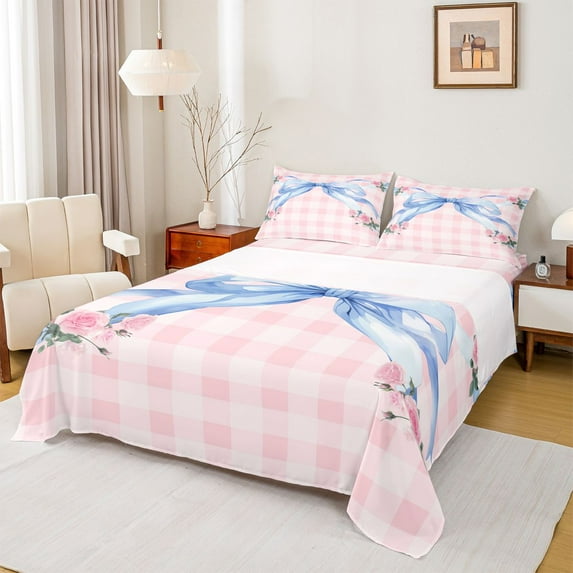 Homewish Girls Watercolor Ribbon Twin Sheet Sets, Romantic Rustic Rose Twin Fitted Sheet, Pink Plaid Artwork Flat Sheet, Breathable Home Decor, 3 Pieces