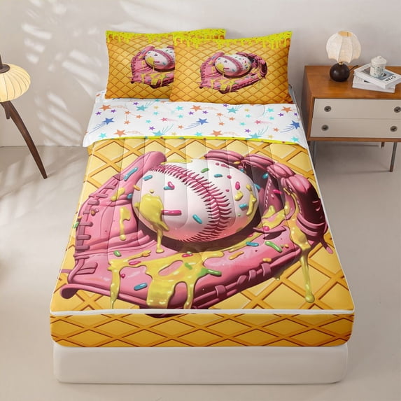 Homewish Girly Ball Games Zipper Full Size Comforter Sets with Fitted Sheet and 2 Pillowcases,Yellow Baseball Ice Cream Zipper Bedding Set For Kids,Reversible,4-Piece