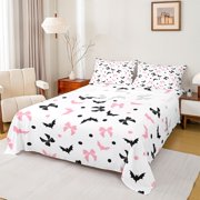 Homewish Girly Bow Bat Print Bed Sheets for Teens, Ribbon Bat Polka Dot Spooky Full Size Sheets, 4 Pieces, 1 Flat Sheet, 1 Fitted Sheet and 2 Pillowcases