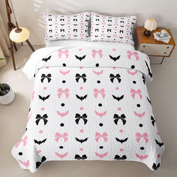 Homewish Girly Bow Bat Silhouette Quilt Full for Boys Girls, Polka Dot Cute Halloween Full Bedspread Sets, 3-Piece