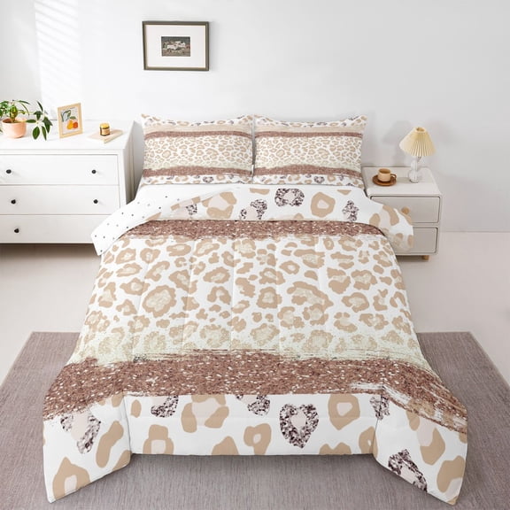 Homewish Girly Brown Cheetah Print Queen Comforter Set, Chic Fashion Polkadots Bedding Sets, Romantic Anniversary Reversible Bedding Comforter Set, Breathable Home Decor, 3pcs