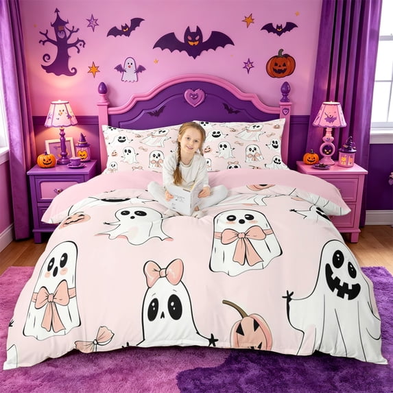 Homewish Girly Cute Halloween Ghost Bedding,Pink Bow Print Duvet Cover Full,Pink Reversible,3-Piece,1 Duvet Cover and 2 Pillowcases