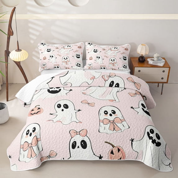 Homewish Girly Cute Halloween Ghost Quilt Full,Pink Bow Print Full Bedspread Sets,3-Piece