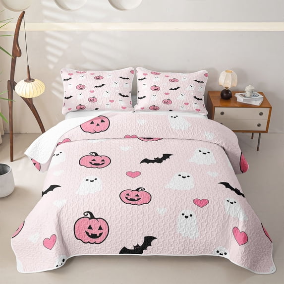 Homewish Girly Cute Halloween Ghost Quilt Full,Pumpkin Bat Heart Print Full Bedspread Sets,Light Pink Black,3-Piece