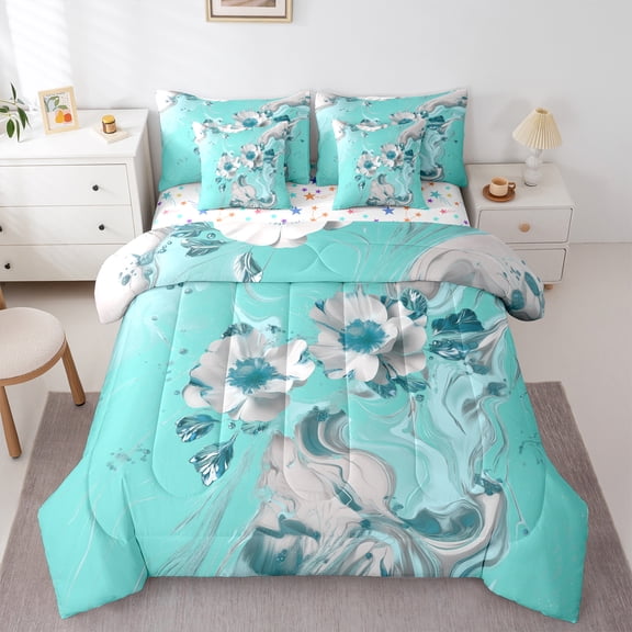 Homewish Girly Cyan Marbling Twin Bedding Sets 7-Piece, Chic Fashion Flower Floral Bedding Comforter Set, Abstract Ombre Reversible Sheet Sets, Ultra Soft Bedroom Decor