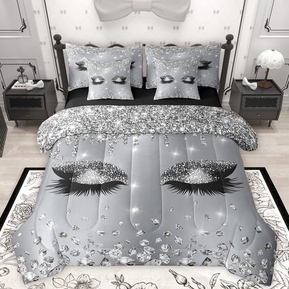 Homewish Girly Elegant Eyelash Bedding Comforter Set 7-Piece for Teens Boys Girls,Bling Glitter King Bedding Sets,Graffiti Splash Ultra Soft Bed Sheets,Microfiber Bedroom Decor,Reversible