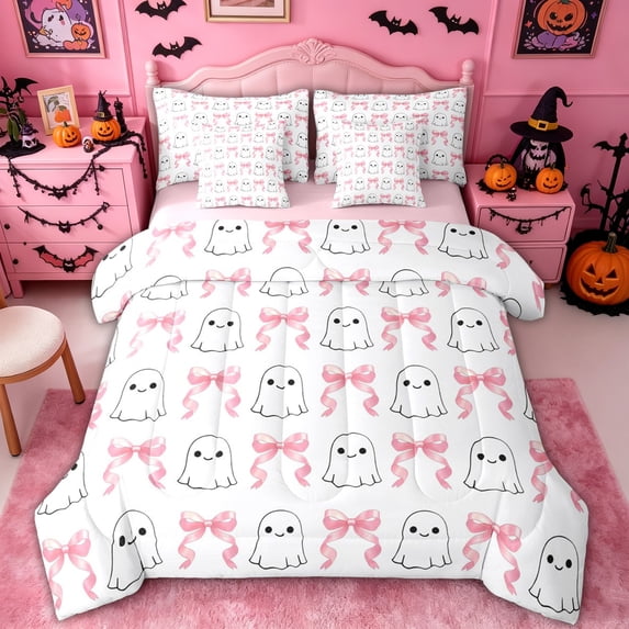 Homewish Girly Ghost Bow Grid Print Queen Bedding, Ribbon Ghost Spooky Bedding Comforter Set Queen, Pink Reversible, 7 Pieces