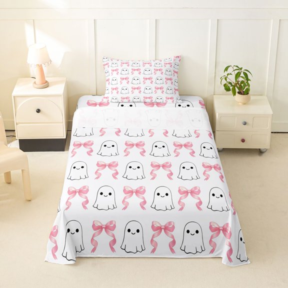 Homewish Girly Ghost Bow Grid Print Twin Sheets for Kids, Ribbon Ghost Spooky Bedding, 3 Pieces, 1 Flat Sheet, 1 Fitted Sheet and 1 Pillowcase
