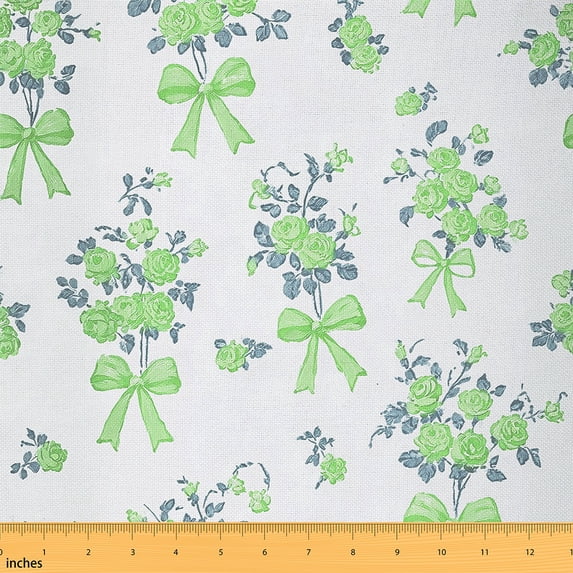 Homewish Girly Green Bowknot Fabric by the Yard 1 Yard for Female, Romantic Rose Floral Room Decor Fabric by the Yard, Kawaii Princess Style Sewing Fabric, Luxury Bedroom Decor