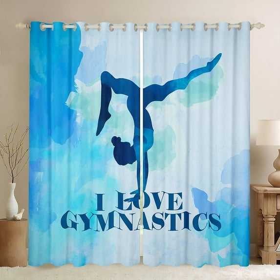 Homewish Girly Gymnastics Sports Curtains Pack of 2 (42x84 Each), Blue Watercolor Curtains Blackout, Teens Kids Girls Bedroom Curtains, Living Room Curtains Decor