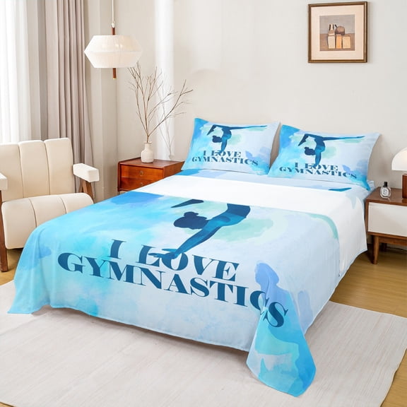 Homewish Girly Gymnastics Sports Twin Sheet Sets, Blue Watercolor Twin Fitted Sheet, Teens Kids Girls Flat Sheet, Microfiber Bedroom Decor, 3-Piece