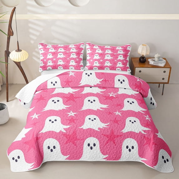 Homewish Girly Halloween Cute Ghost Quilt King,Simple Spooky Pattern King Coverlet Set,Hot Pink White,3pcs
