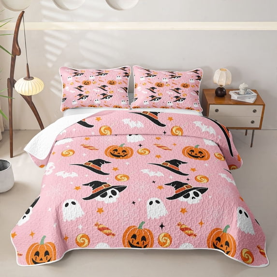 Homewish Girly Pastel Halloween Bed Spread Queen,Witch Hat Skull Pumpkin Candy Print Queen Coverlet Set,Blush Pink,3 Pieces