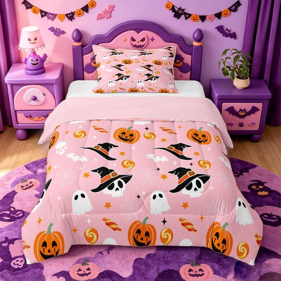 Homewish Girly Pastel Halloween Twin Comforter Sets,Witch Hat Skull Pumpkin Candy Print Bedding Set,Blush Pink,Pink Reversible,2-Piece,1 Comforter and 1 Pillowcase