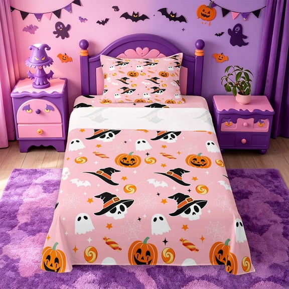 Homewish Girly Pastel Halloween Twin Sheets,Witch Hat Skull Pumpkin Candy Print Bedding,Blush Pink,3-Piece,1 Fitted Sheet and 1 Pillowcase