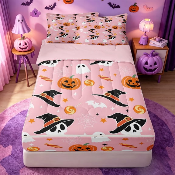 Homewish Girly Pastel Halloween Zipper Twin Comforter Sets with Fitted Sheet and 2 Pillowcases,Witch Hat Skull Pumpkin Candy Print Zipper Bedding Set,Blush Pink,Pink Reversible,4-Piece