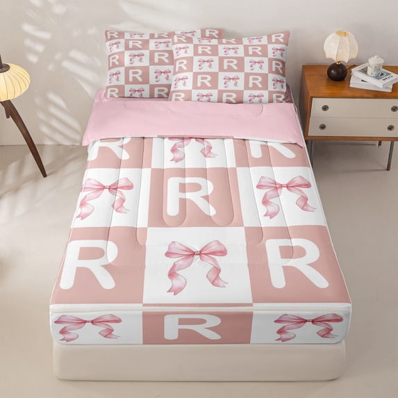 Homewish Girly Personalized Gifts Zipper Twin Comforter Sets with Fitted Sheet and 2 Pillowcases,Pink Grid Alphabet R Print Zipper Bedding Set For Kids,Pink Reversible,4-Piece