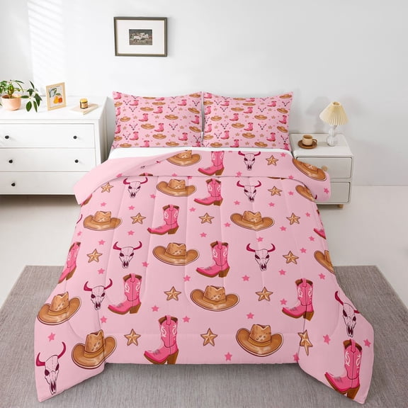 Homewish Girly Pink Boot Bedding Comforter Set for Girl, Cartoon Western Cowgirl Hat Twin Comforter Sets, Hippie Sheep Skeleton Reversible Bedding Set, uper Cozy Room Decor, 2-Piece