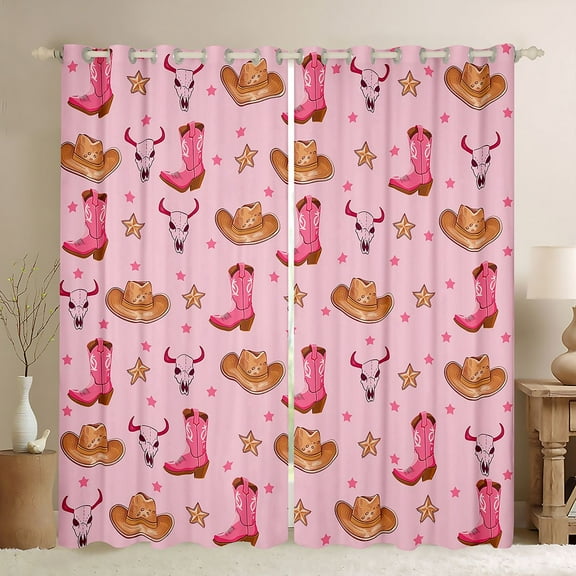 Homewish Girly Pink Boot Black Out Curtains for Girl, Cartoon Western Cowgirl Hat Curtains Pack of 2 (42x63 Each), Hippie Sheep Skeleton Bedroom Curtains, uper Cozy Room Decor