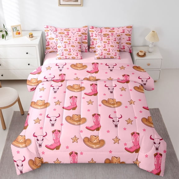 Homewish Girly Pink Boot Twin Bedding Sets 7-Piece for Girl, Cartoon Western Cowgirl Hat Bedding Comforter Set, Hippie Sheep Skeleton Reversible Sheet Sets, uper Cozy Room Decor