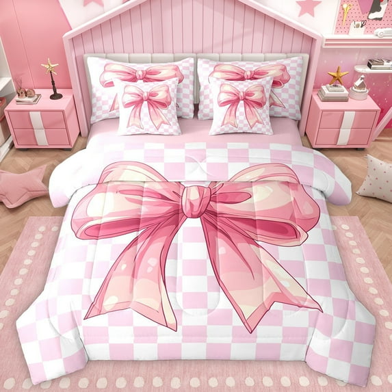 Homewish Girly Pink Bow-tie Bedding Comforter Set 7pcs for Teens, Dreamy Fairy Tale King Bedding Sets, Princess Ribbon Style Reversible Bed Sheets, Lightweight Room Decor