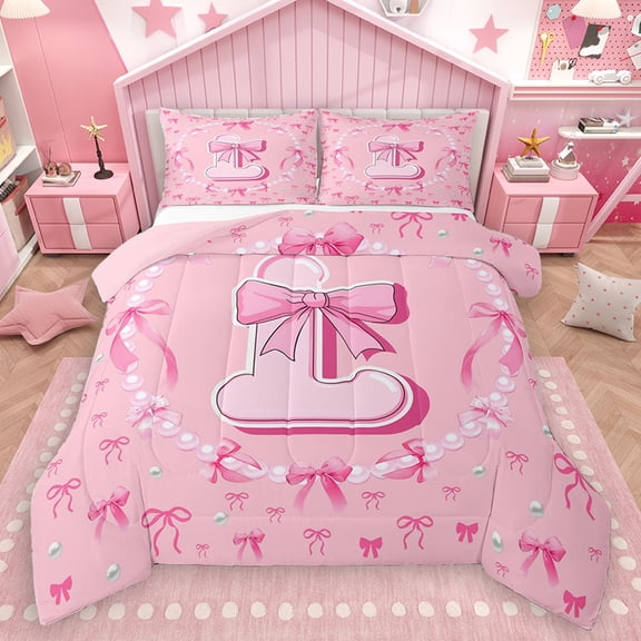 Homewish Girly Pink Bowknot Bedding Comforter Set for Girls, Kawaii Cartoon Monogrammed Twin Comforter Sets, Initial L Letter Reversible Bedding Set, Breathable Home Decor, 2pcs