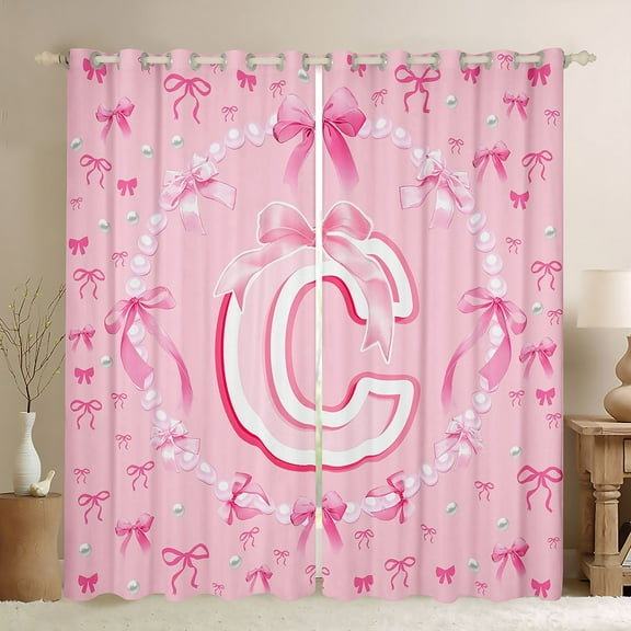 Homewish Girly Pink Bowknot Curtains Pack of 2 (42x84 Each) for Girls, Kawaii Cartoon Monogrammed Curtains Blackout, Initial C Letter Bedroom Curtains, Black Out Curtains Room Decor