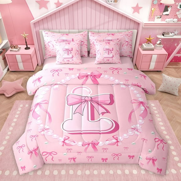 Homewish Girly Pink Bowknot Twin Bedding Sets 7-Piece for Girls, Kawaii Cartoon Monogrammed Bedding Comforter Set, Initial L Letter Reversible Sheet Sets, Breathable Home Decor