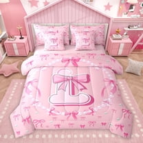 Homewish Girly Pink Bowknot Twin Bedding Sets 7-Piece for Girls, Kawaii Cartoon Monogrammed Bedding Comforter Set, Initial L Letter Reversible Sheet Sets, Breathable Home Decor