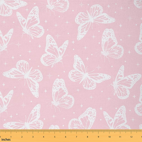 Homewish Girly Pink Butterfly Fabric by the Yard 1 Yard for Girls, Kawaii Cartoon Stars Room Decor Fabric by the Yard, Cute Princess Sewing Fabric, Breathable Home Decor