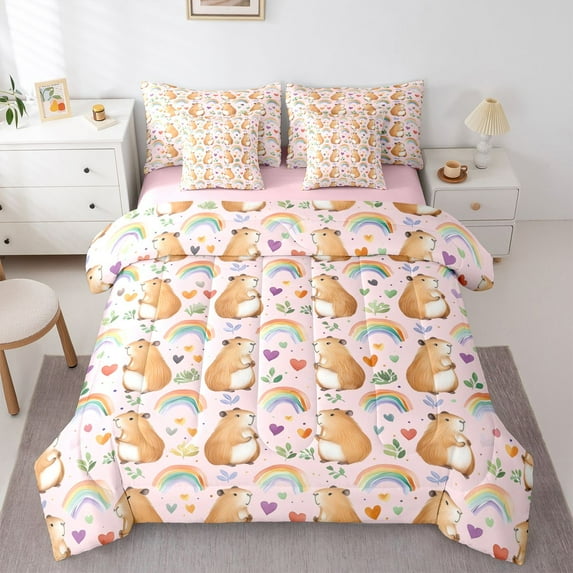 Homewish Girly Pink Cartoon Bedding Comforter Set 7pcs for Kid, Kawaii Cute Capibara Queen Bedding Sets, Love Heart Rainbow Reversible Queen Sheet Sets, Super Cozy Room Decor