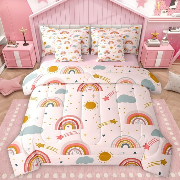 Homewish Girly Pink Cartoon Twin Bedding Sets 7-Piece, Kawaii Rainbow Cloud Bedding Comforter Set, Mystic Astrology Stars Reversible Sheet Sets, Luxury Bedroom Decor
