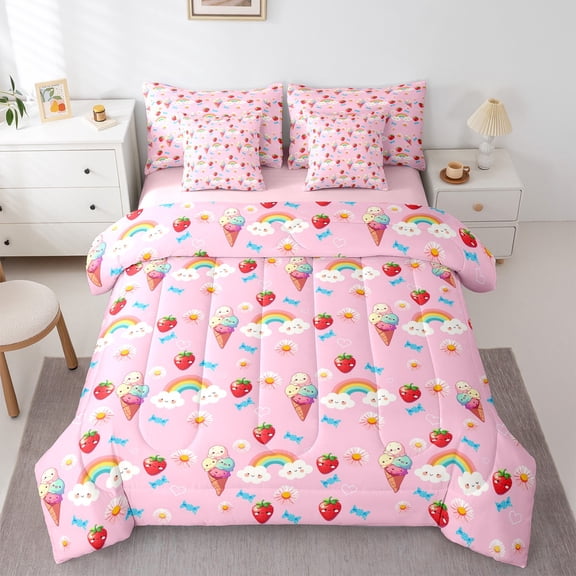 Homewish Girly Pink Cartoon Twin Bedding Sets 7-Piece for Kid, Kawaii Rainbow Cloud Bedding Comforter Set, Strawberry Ice Cream Reversible Sheet Sets, Ultra Soft Bedroom Decor