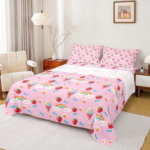 Homewish Girly Pink Cartoon Twin Sheet Sets for Kid, Kawaii Rainbow Cloud Twin Fitted Sheet, Strawberry Ice Cream Flat Sheet, Ultra Soft Bedroom Decor, 3 Pieces